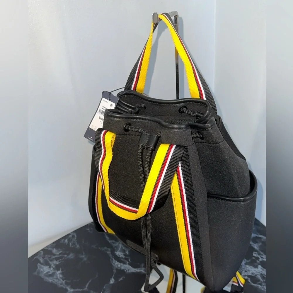 Tommy Hilfiger Drawstring Backpack Black Yellow Multicolored Strap AUTHENTIC NEW